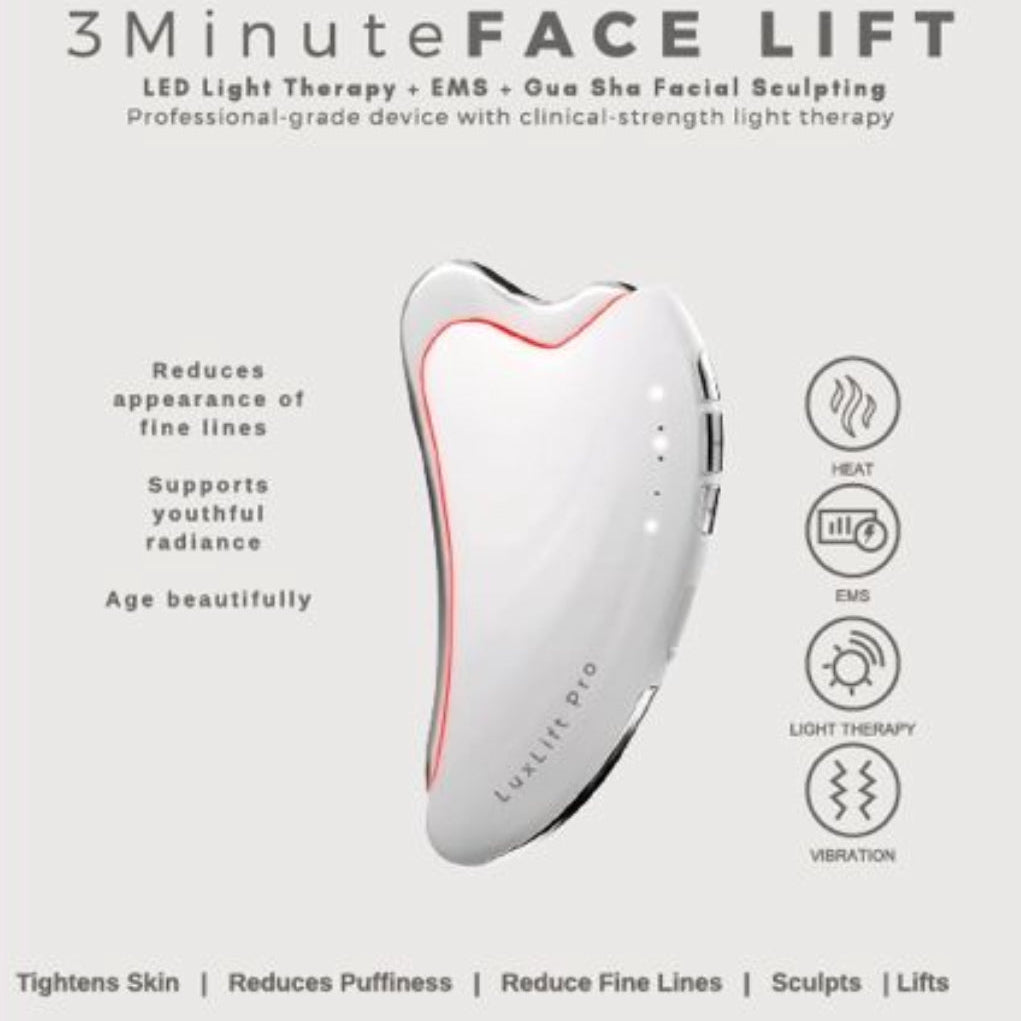 LuxLift Pro 3 Minute Face Lift device with features listed on a white background
