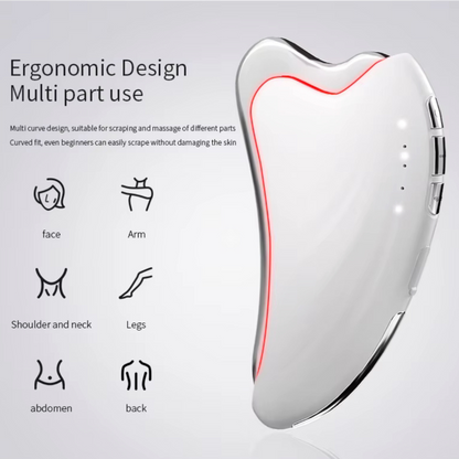 White Gua Sha tool with featuring text and icons indicating multi-part use.