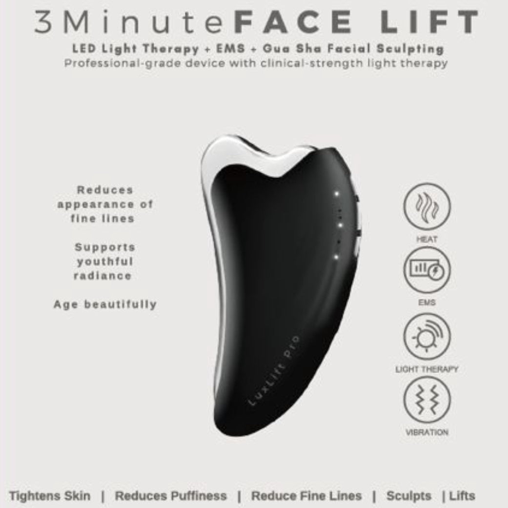 LuxLift Pro 3 Minute Face Lift device on a white background with text about its features.