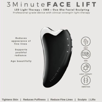 LuxLift Pro 3 Minute Face Lift device on a white background with text about its features.