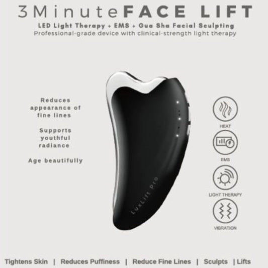 LuxLift Pro 3 Minute Face Lift device on a white background with text about its features.