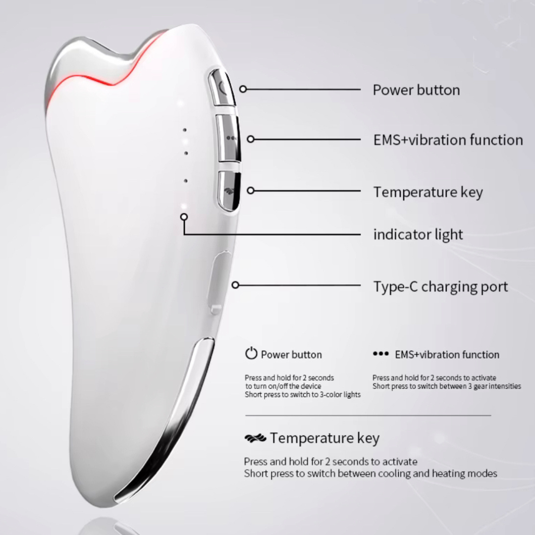 White gua sha LED device with labeled functions on a gray background