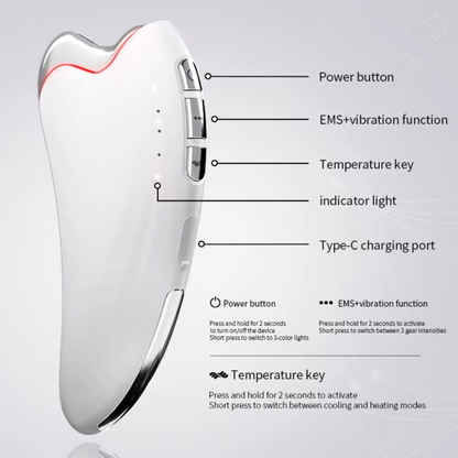 White gua sha LED device with labeled functions on a gray background